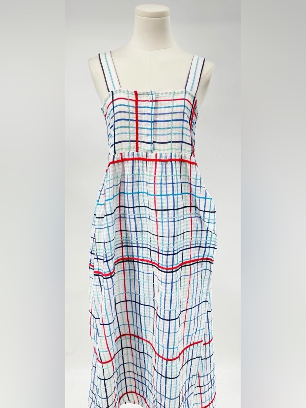 Mii Collection White Multi Plaid Cotton Embroidered Midi Wrap Dress XS